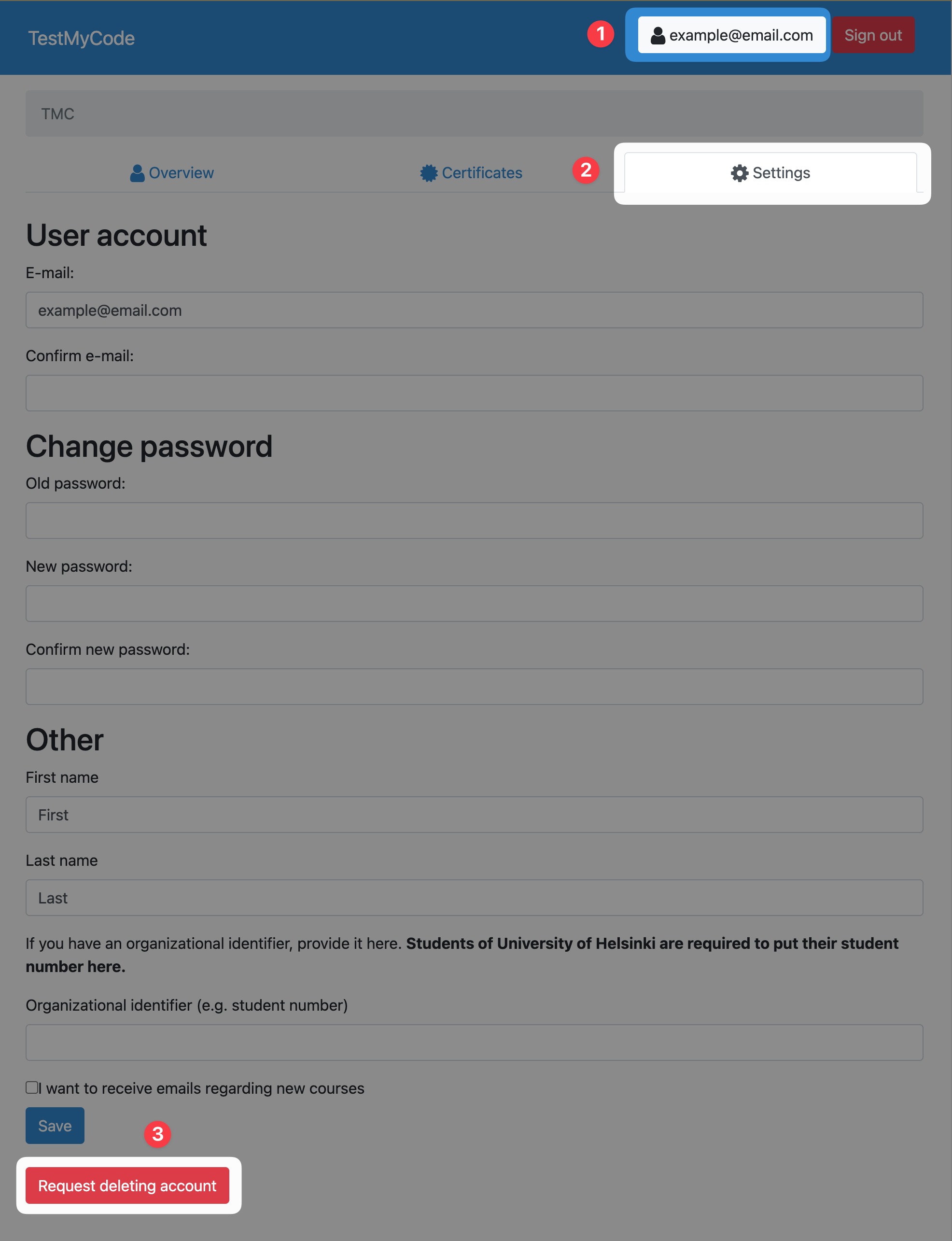 Account removal at tmc.mooc.fi